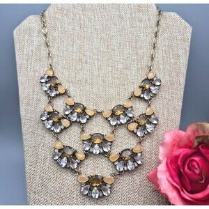 NWT J.Crew Gold Tone Statement  Necklace Amber Honey Color & Clear Stones 19"